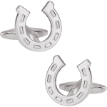 Pair of silver horseshoe cufflinks on a white background