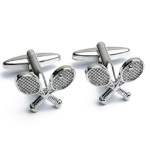 Pair of silver tennis racket cufflinks on a white background