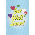 Blue polka-dot card with colorful hearts and the words "Get Well Soon!"