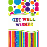 Colorful get well wishes card with polka dots and bold text