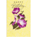 Birthday card with purple morning glory flowers on a yellow background