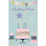 Birthday Wishes card with a cake, cupcake, and gifts