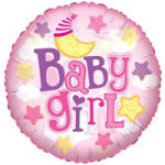 Pink baby girl foil balloon with stars and moon graphic