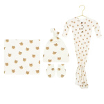 Baby clothing set with bear print, including a gown, hat, mittens, and blanket
