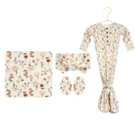 Floral-patterned baby outfit set with swaddle, headband, mittens, and gown