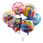 Cluster of colorful birthday balloons with printed messages