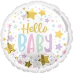 Round white foil balloon with 'Hello Baby' text and pastel and gold stars