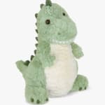 Green plush dinosaur toy with a white belly