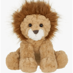 Plush lion toy with a fluffy mane sitting on a white background