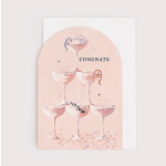 Congrats card with stacked champagne glasses on a pink background