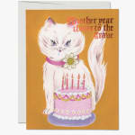 Greeting card with a white cat and a birthday cake