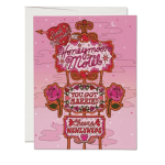 Pink wedding card with retro signs reading honeymoon and newlyweds