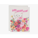 Birthday card with a kitten illustration and colorful flowers