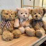 Three teddy bears with plaid bows sitting on a wooden surface