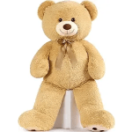 Large tan teddy bear with a ribbon bow