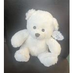 White plush teddy bear with a tag on a dark chair
