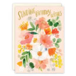 Birthday card with watercolor flowers and gold lettering