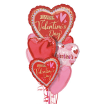 Cluster of heart-shaped Valentine’s Day balloons in red and pink