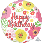 Round birthday balloon with floral pattern and "Happy Birthday" text