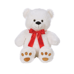 White teddy bear with a red ribbon bow