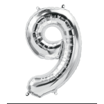 Silver number 9 foil balloon on a white background