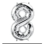 Silver foil balloon shaped like the number 8