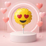 Heart-eyes emoji balloon on a pedestal with pink heart balloons around it