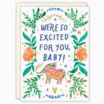 Baby card with floral border and elephant illustration