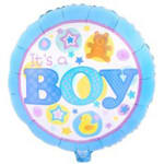 Round blue balloon with "It's a Boy" text and baby-themed graphics
