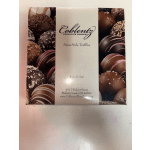 Box of assorted chocolate truffles in plastic wrap