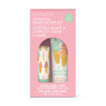 Pink gift box with lip balm and hand lotion tubes inside