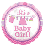 Pink baby girl foil balloon with clothesline and text