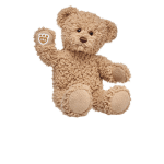 Tan teddy bear plush toy with a paw-print tag
