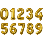 Gold number balloons arranged in two rows on a white background.