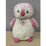 Pink and white plush penguin with a glittery heart on its chest