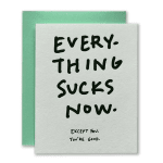 A greeting card with the text 'Everything sucks now. Except you. You're good.'