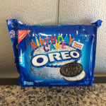 Package of Birthday Cake Oreo cookies on a countertop