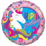 Round unicorn birthday balloon with colorful mane and "Happy Birthday" text
