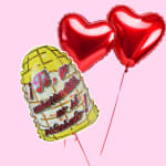 Two red heart balloons and a yellow congratulatory balloon on a pink background