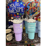 Teacher-themed gift tumblers with foil balloons and curly ribbon filler