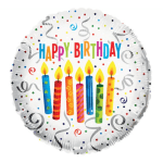 Round birthday balloon with candles and colorful confetti design