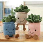 Three plush potted succulents with smiling faces in blue, beige, and pink pots