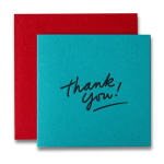 Two square thank-you cards, one teal and one red, stacked together