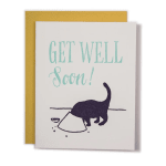 Get well soon card with a cat and tipped bowl illustration