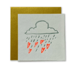 Hand-drawn cloud with rain and red hearts on a card