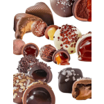Assorted chocolate truffles with caramel and nut toppings