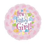 Round pink balloon with "It's A Baby Girl!" text and colorful hearts