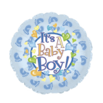 Round blue balloon reading "It's A Baby Boy!"