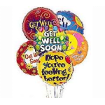 Cluster of colorful get-well balloons with messages