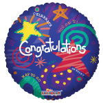 Round congratulatory foil balloon with colorful doodles and stars